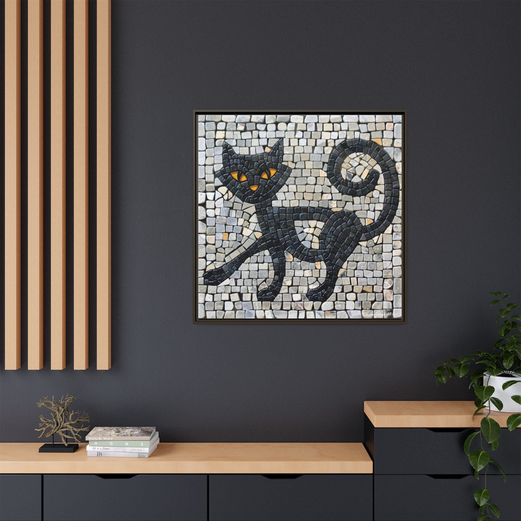 "Curious Black Cat Mosaic", Framed Mosaic Cat Art Print — Colorful Modern Wall Canvas
