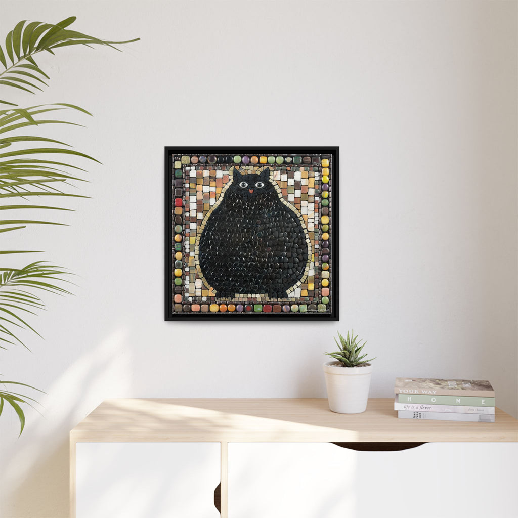 "Playful Black Cat Mosaic", Framed Mosaic Cat Art Print — Colorful Modern Wall Canvas
