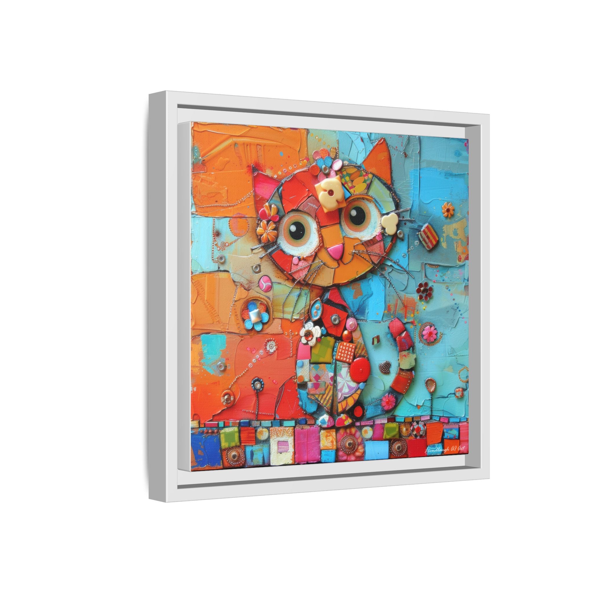"Whimsical Mosaic Cat", Framed Mosaic Cat Art Print — Colorful Modern Wall Canvas