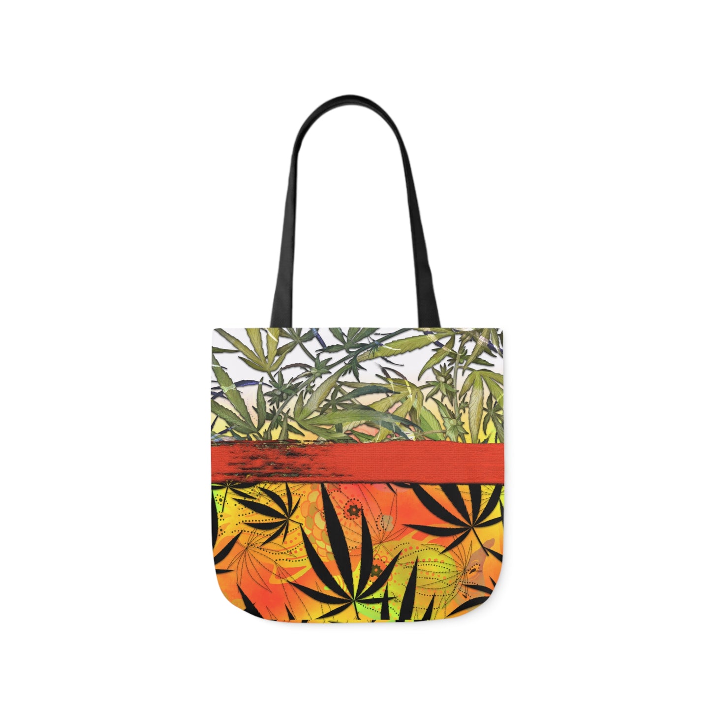 Beautiful Redish Orange Banded Marijuana 420 Pot Weed Leaf Polyester Canvas Tote Bag (AOP)