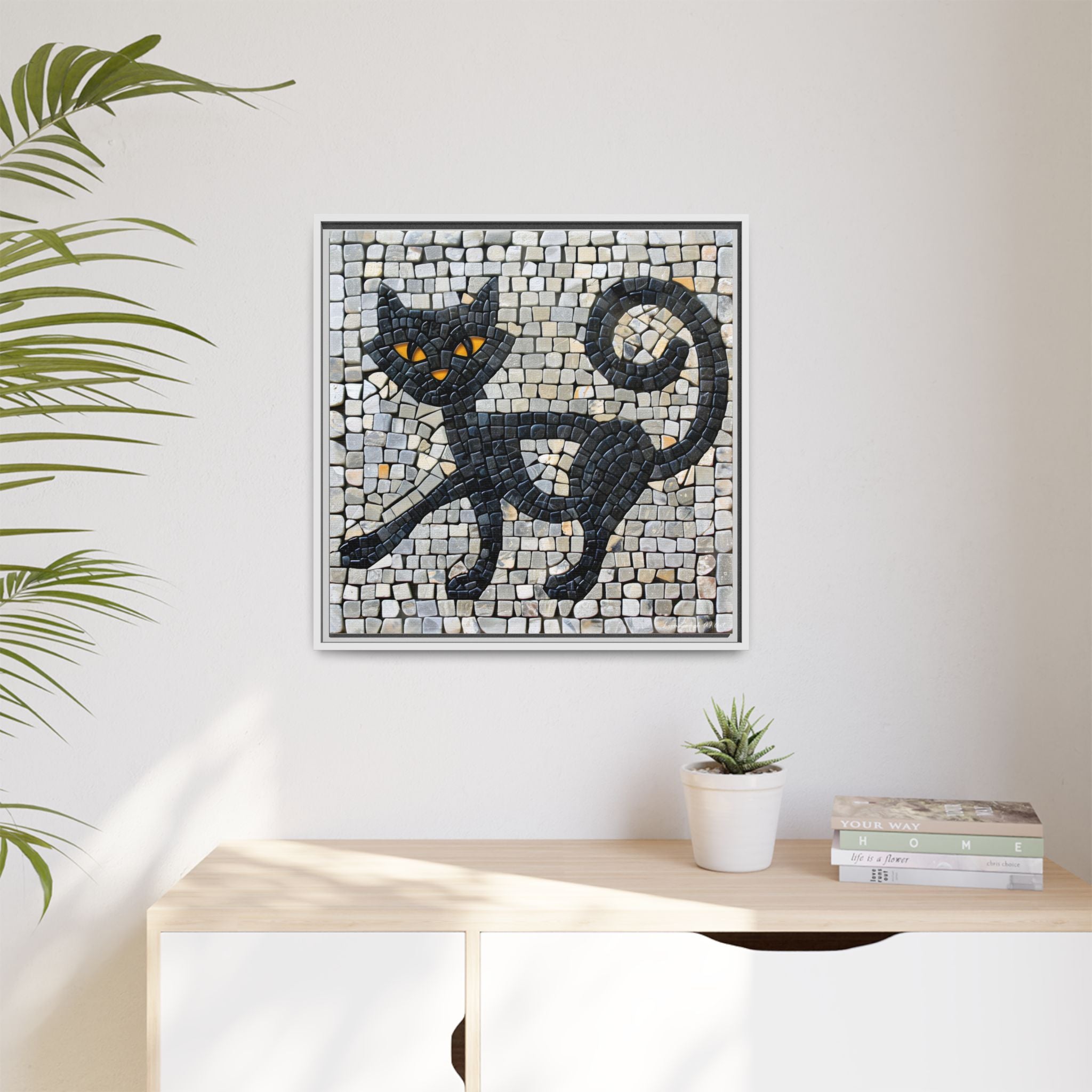 "Curious Black Cat Mosaic", Framed Mosaic Cat Art Print — Colorful Modern Wall Canvas