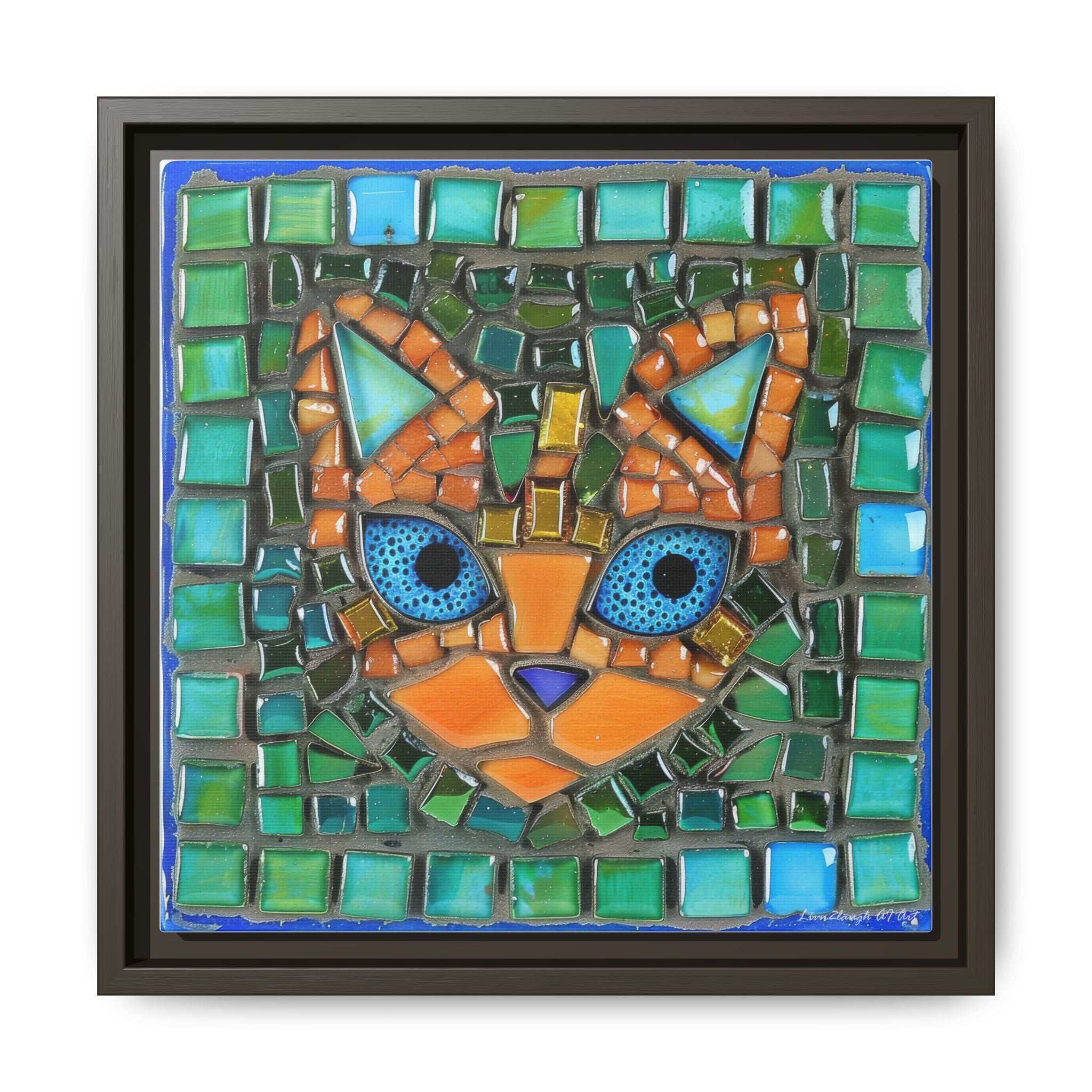 "Emerald Eyes Mosaic Cat", Framed Mosaic Cat Art Print — Colorful Modern Wall Canvas
