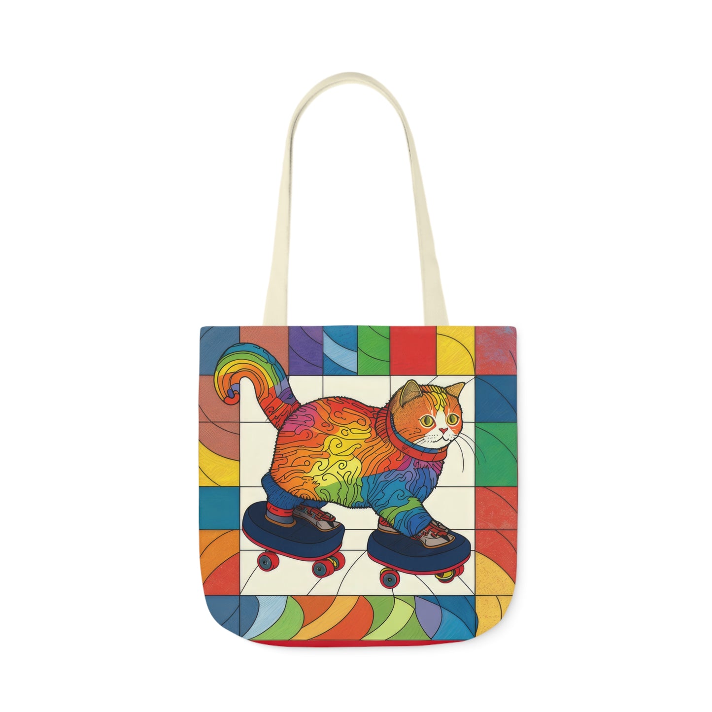 Gorgeous Rainbow Cat Riding A Skate/Skateboard With Rainbow Border Polyester Canvas Tote Bag (AOP)