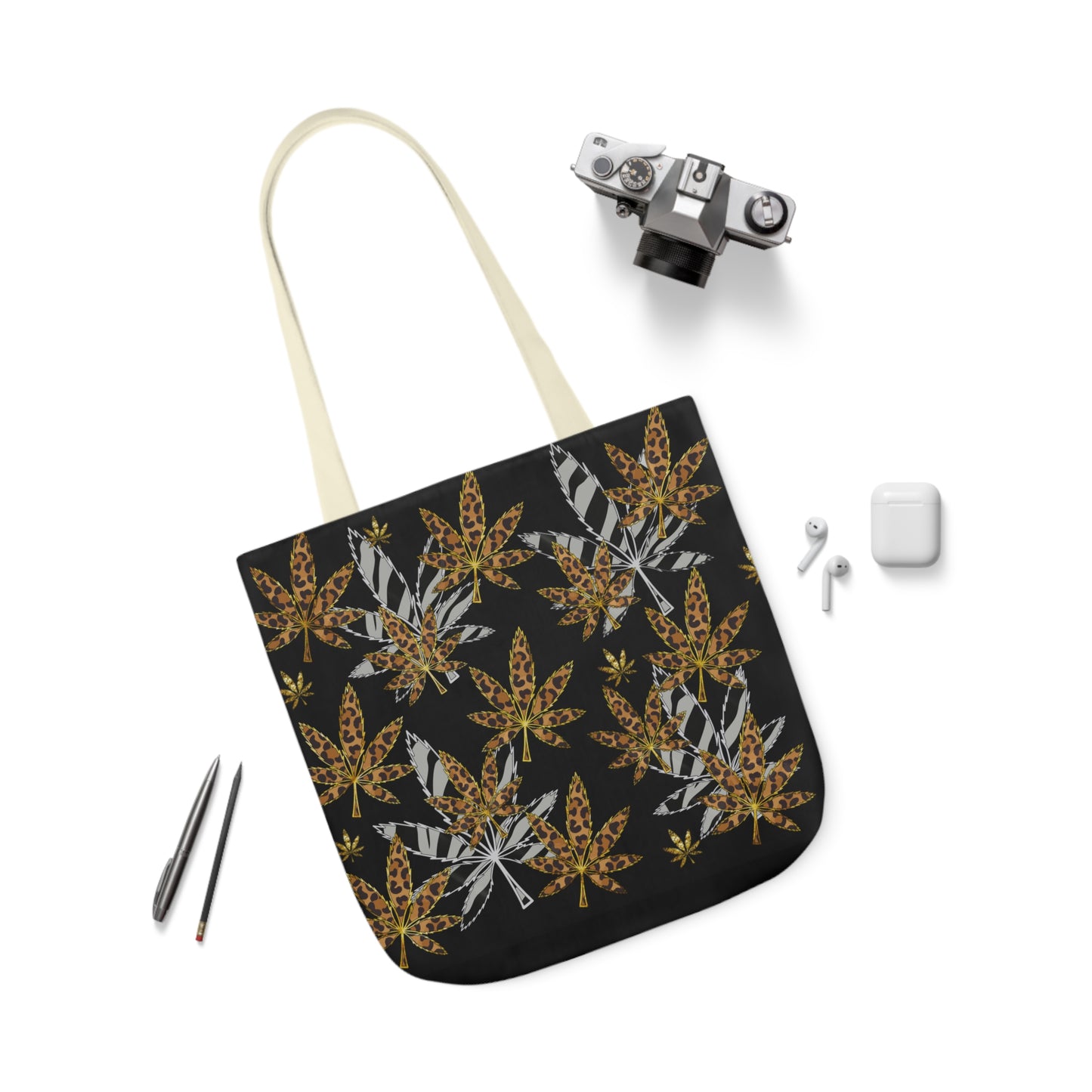 Gold And Zebra Marijuana Pot Weed Leaf 420 Marijuana Polyester Canvas Tote Bag (AOP)