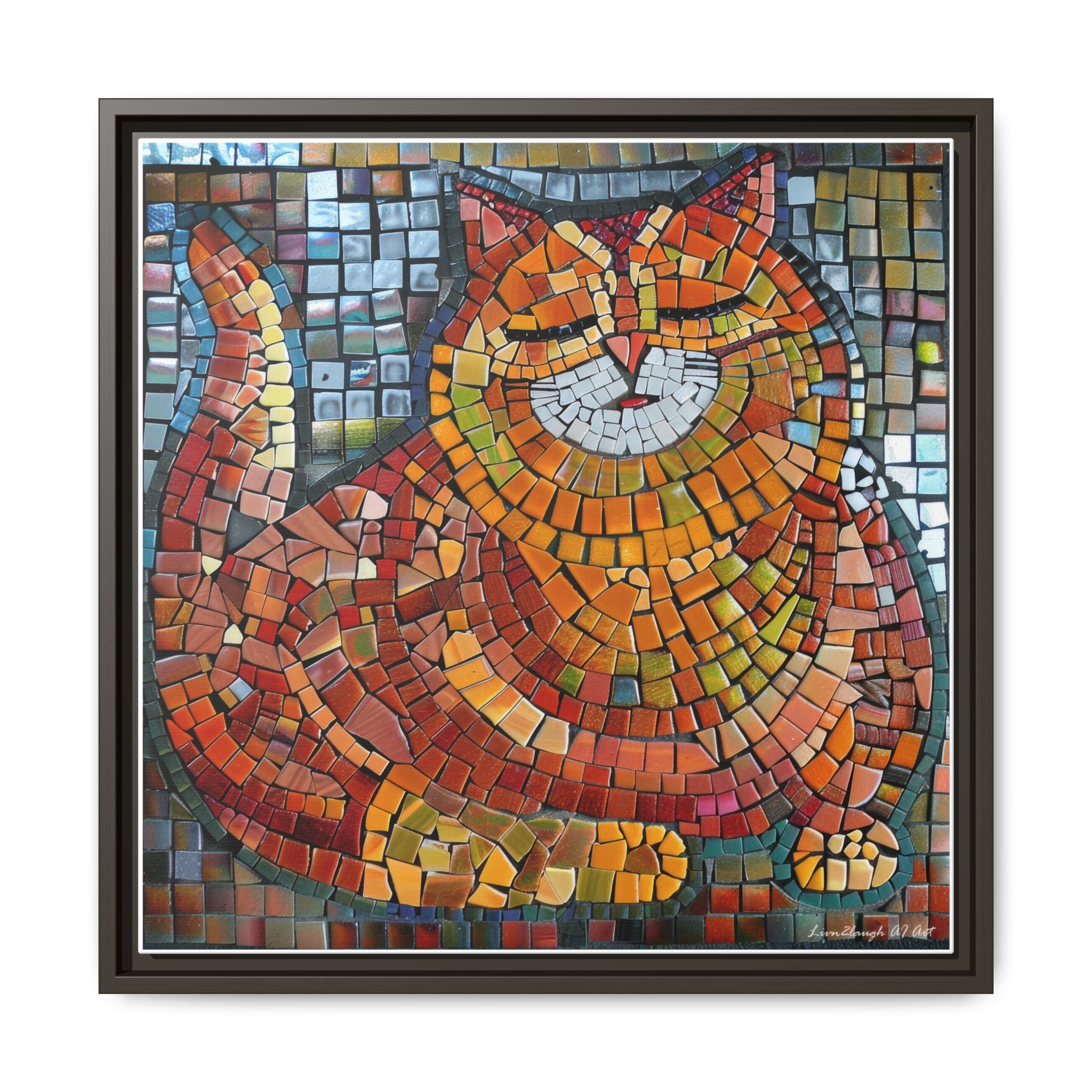 Radiant Whiskers: The Joyful Cat, Framed Mosaic Cat Art Print — Colorful Modern Wall Canvas
