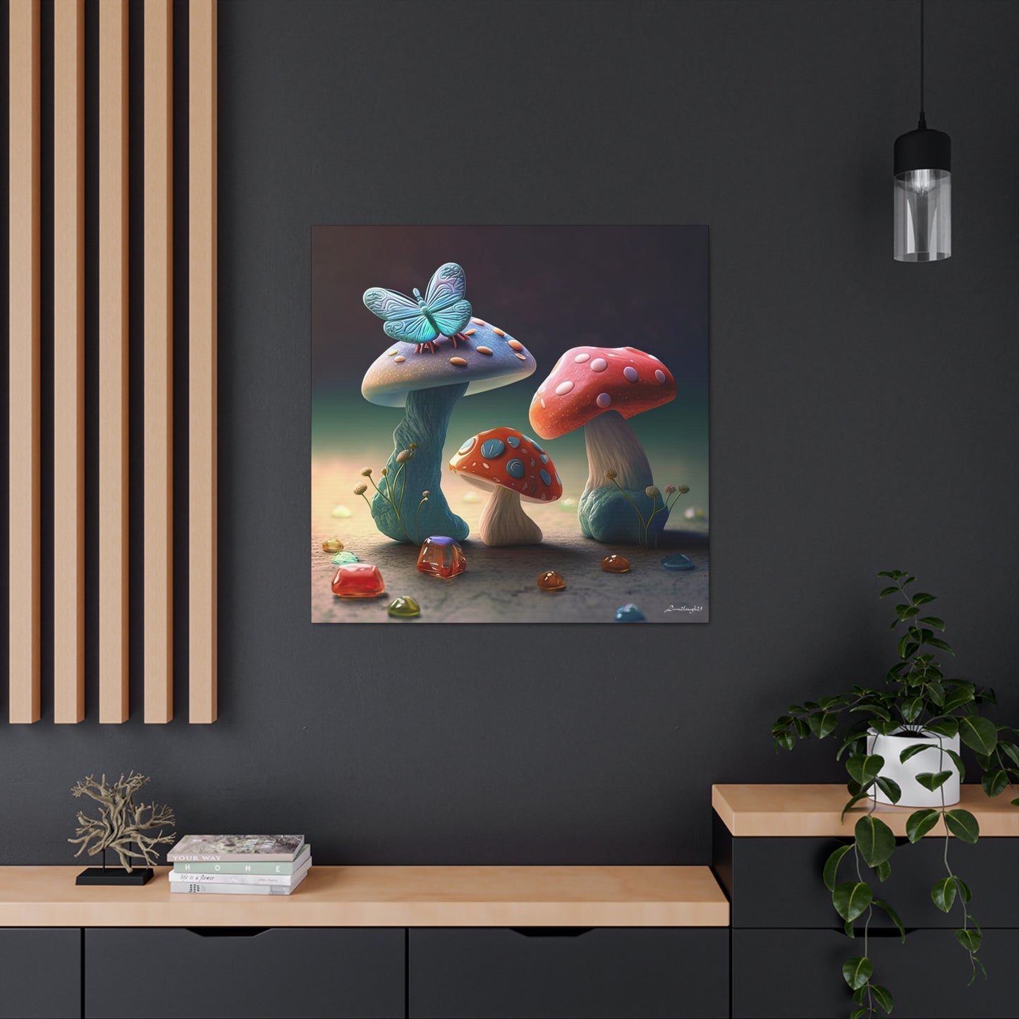 Beautiful Mushroom Luminating Colorful Bliss With Butterflies 2 Canvas Gallery Wraps