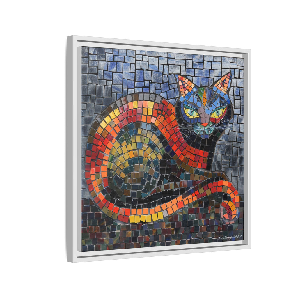 Mystic Shadows: The Enigmatic Cat, Framed Mosaic Cat Art Print — Colorful Modern Wall Canvas