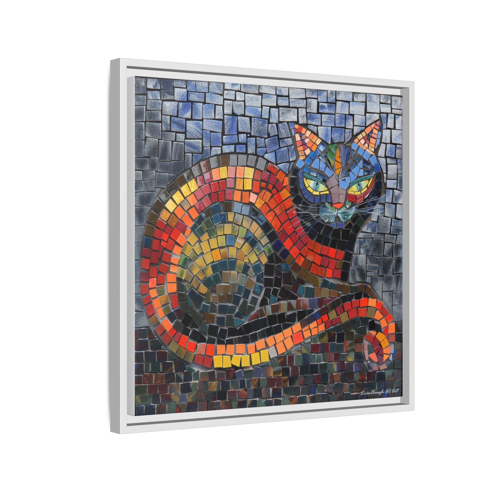 Mystic Shadows: The Enigmatic Cat, Framed Mosaic Cat Art Print — Colorful Modern Wall Canvas