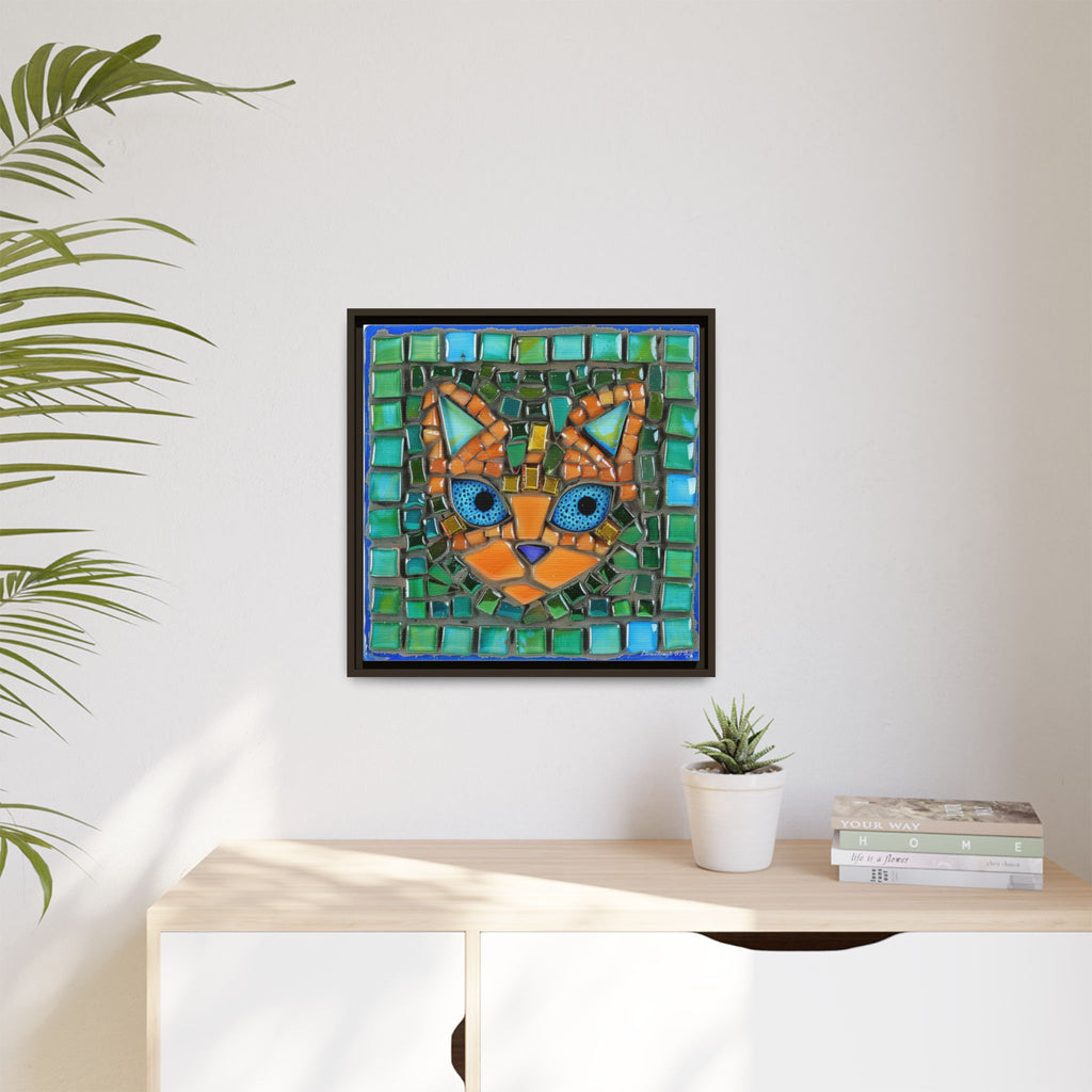 "Emerald Eyes Mosaic Cat", Framed Mosaic Cat Art Print — Colorful Modern Wall Canvas