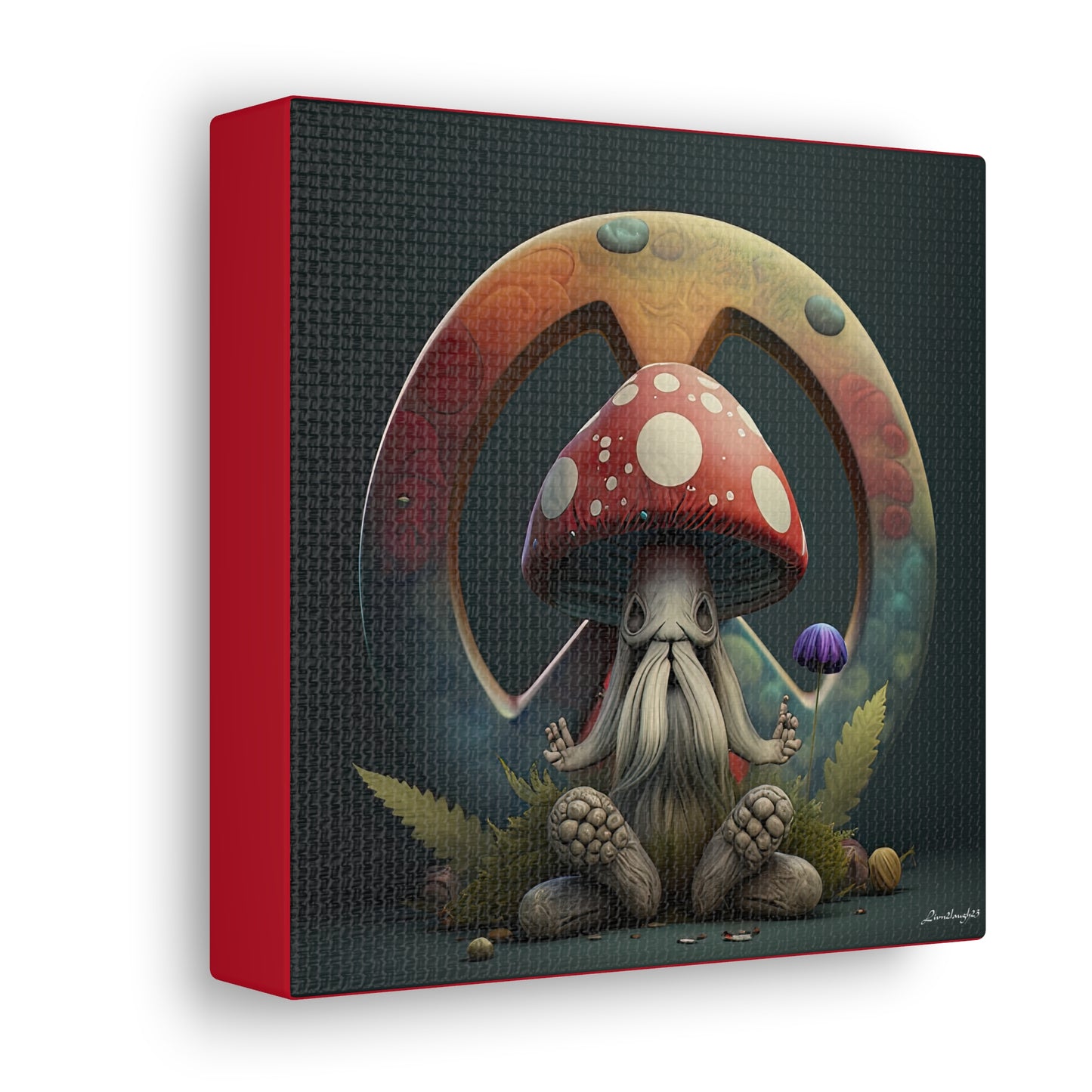 Beautiful Forest Round Peace Sign , Hippie With Beard Mushrooms Hat Flowers  Canvas Gallery Wraps