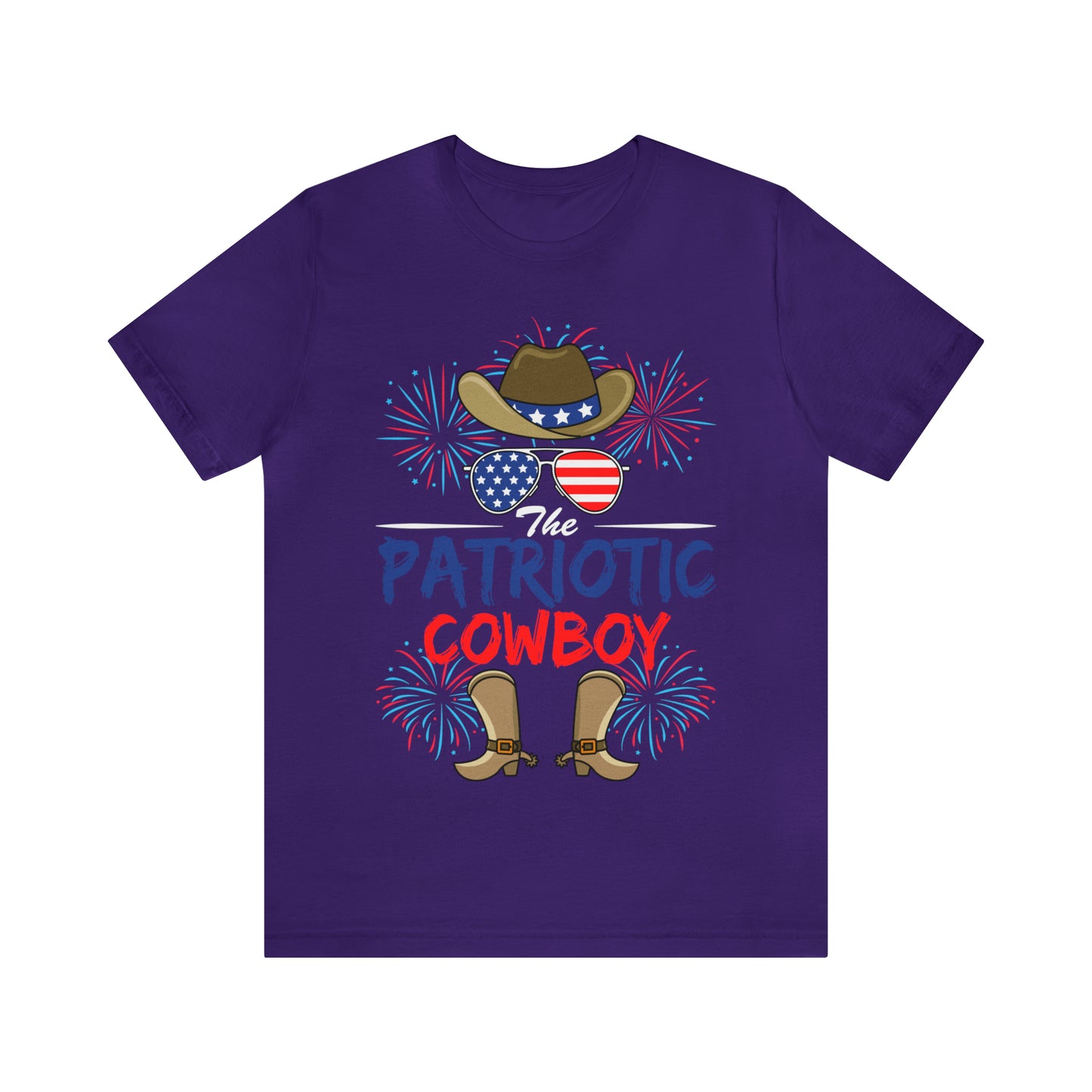 Patriotic Cowboy, American Flag 'Glasses, Cowboy Hat and Boots, Fourth of July 4th Unisex Jersey Short Sleeve Tee