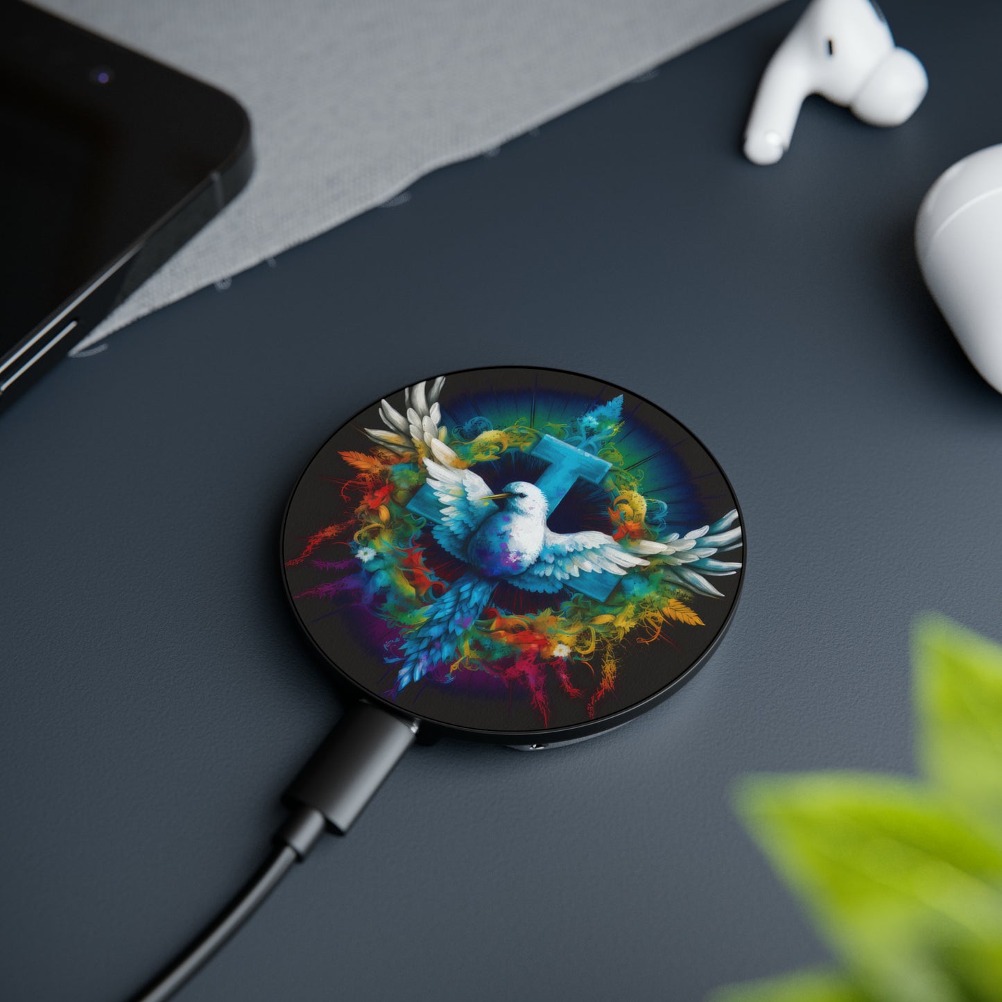 Bold And Beautiful Tie Dye Dove And Cross Style 2 Magnetic Induction Charger