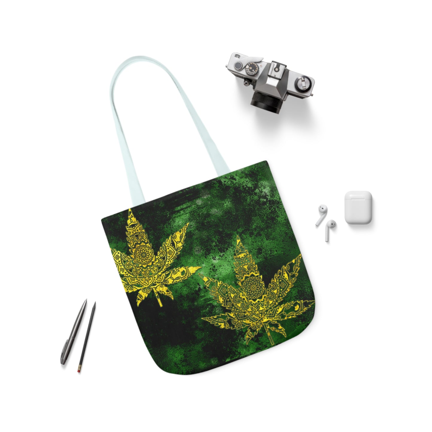 Gorgeous Designed Gold Leaf With multigreen Background Marijuana Pot Weed 420 Polyester Canvas Tote Bag (AOP)