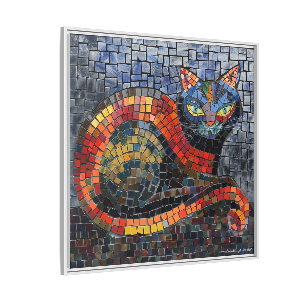 Mystic Shadows: The Enigmatic Cat, Framed Mosaic Cat Art Print — Colorful Modern Wall Canvas