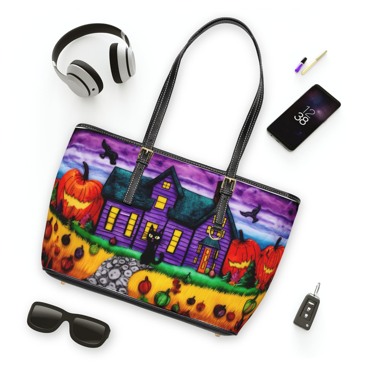 Purple- Orange Halloween, Fall Time Black Cat With Pumpkins And Purple House PU Leather Shoulder Bag