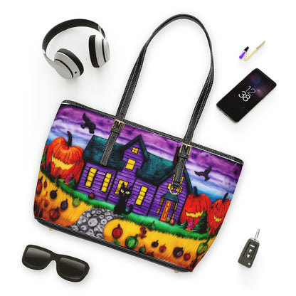 Purple- Orange Halloween, Fall Time Black Cat With Pumpkins And Purple House PU Leather Shoulder Bag
