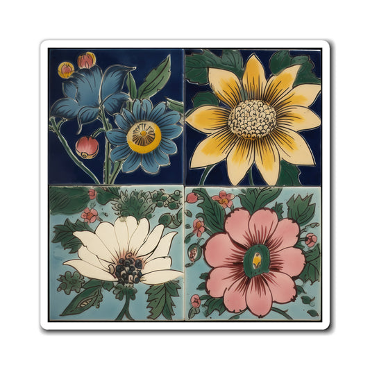 Antique Floral Multi Color Flowers Classic Designed Four-square Style Two Magnets