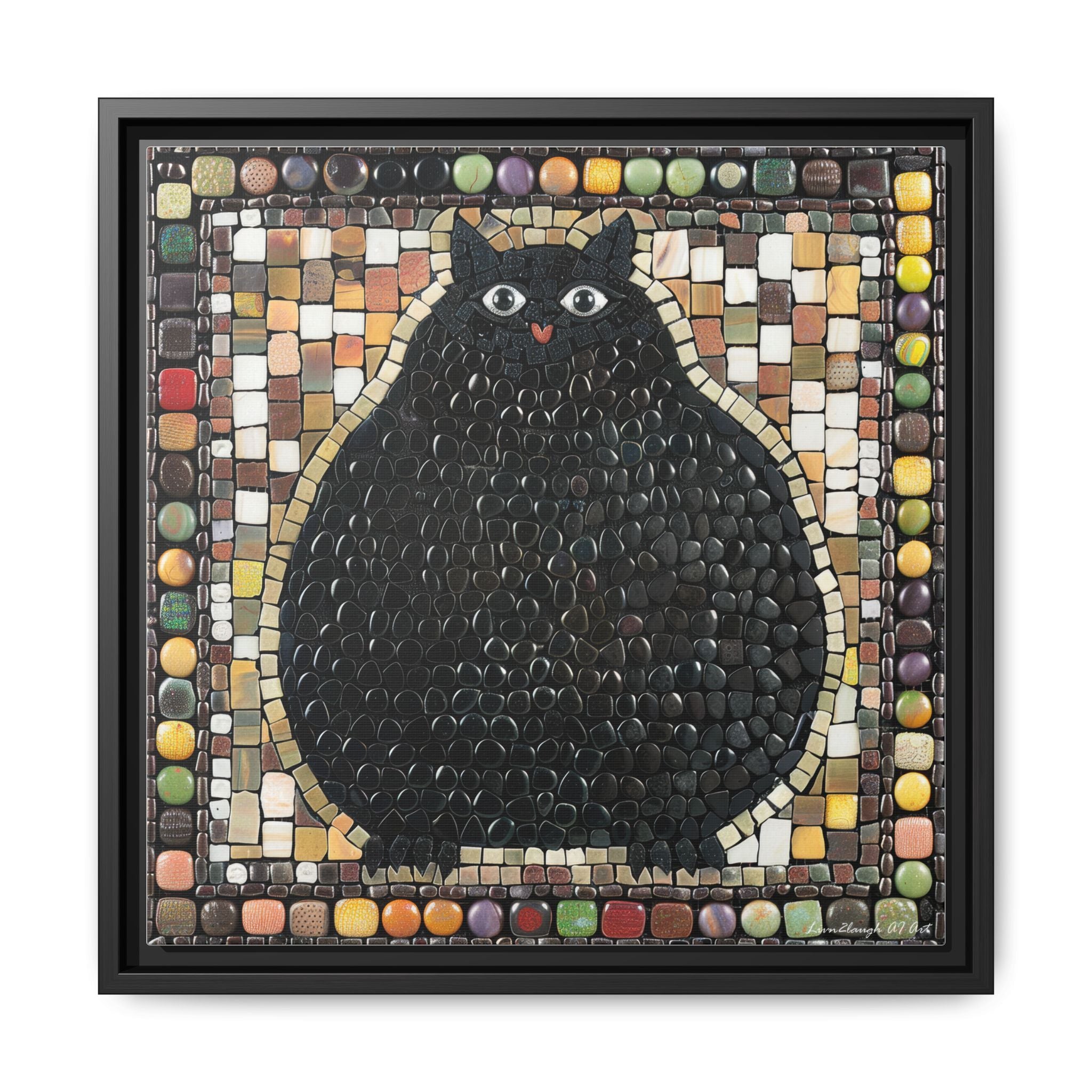 "Playful Black Cat Mosaic", Framed Mosaic Cat Art Print — Colorful Modern Wall Canvas