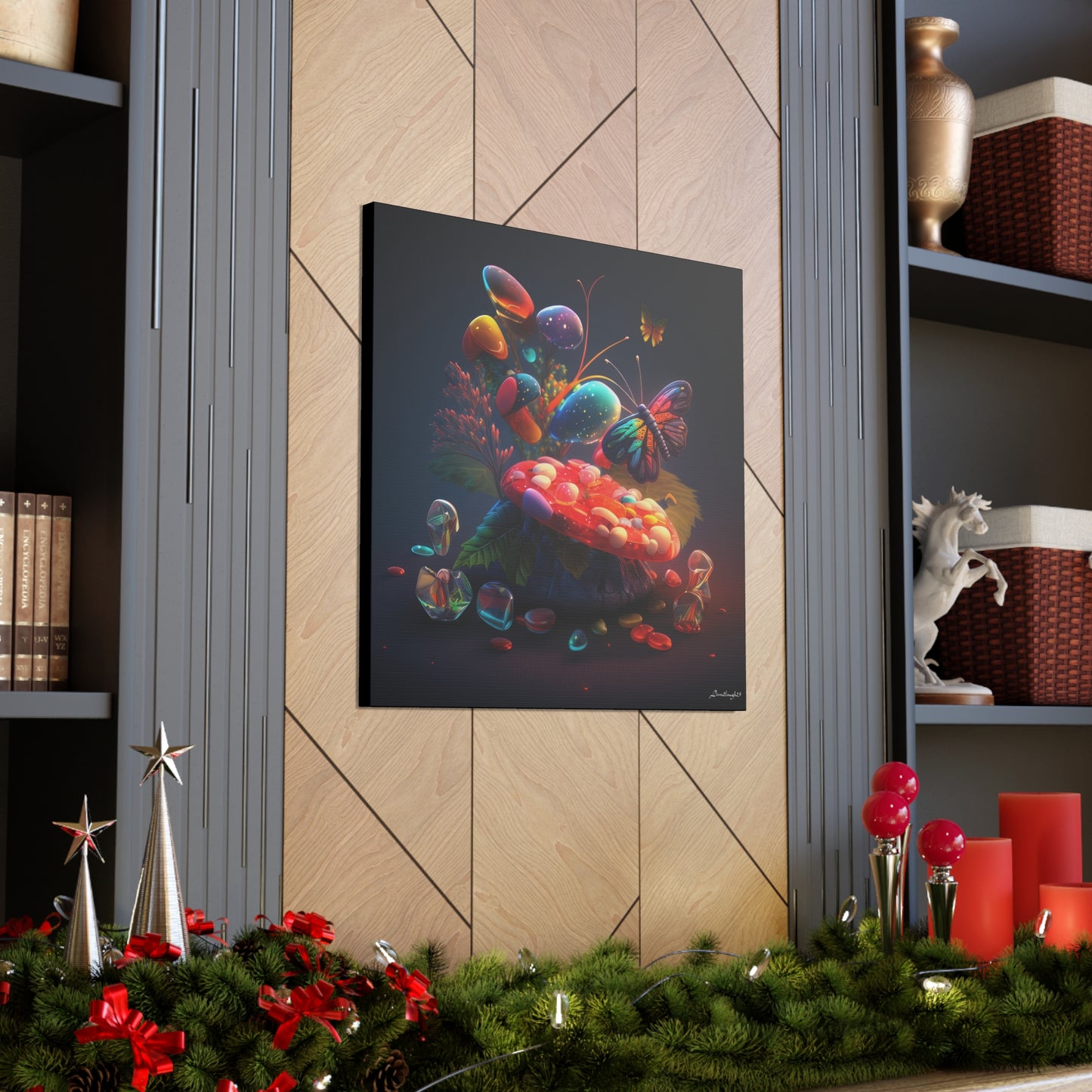 Beautiful Mushroom Luminating Colorful Bliss With Butterflies Canvas Gallery Wraps