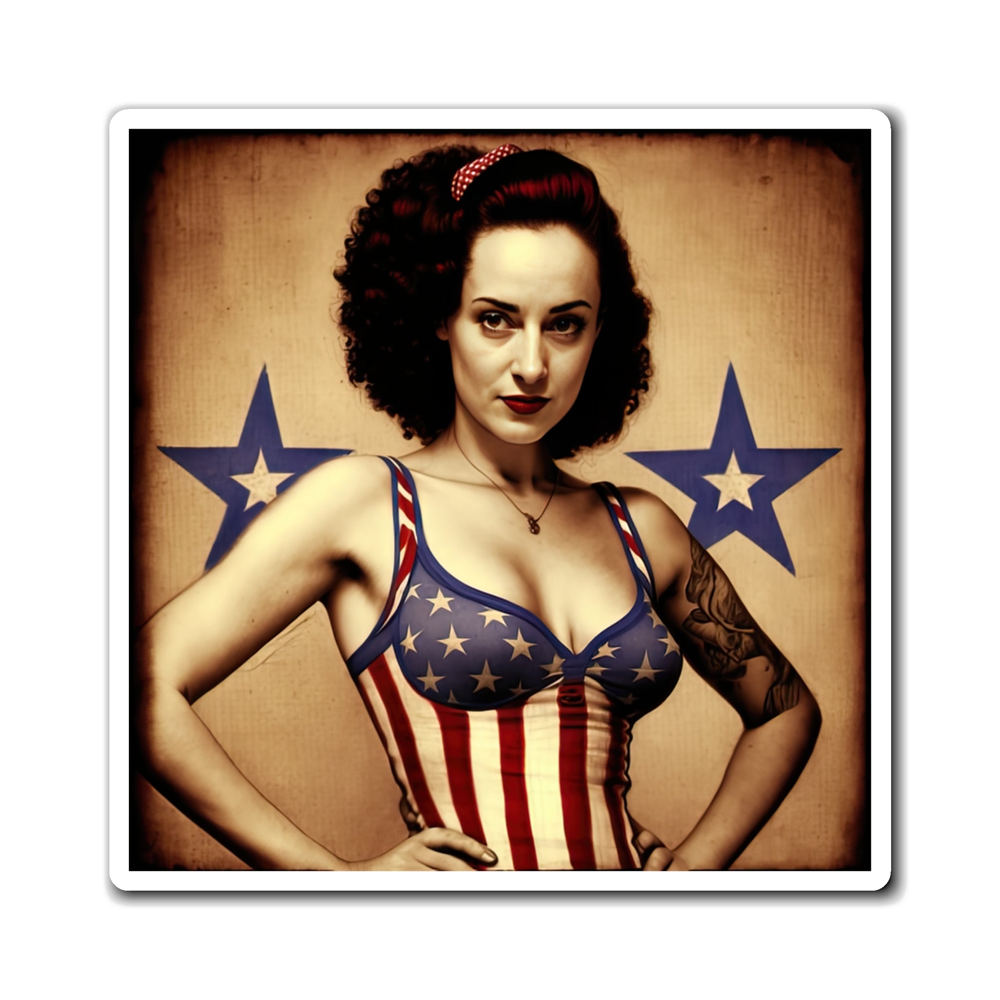 Retro Tattooed Pinup Blue, Red And White Star Magnet Style three