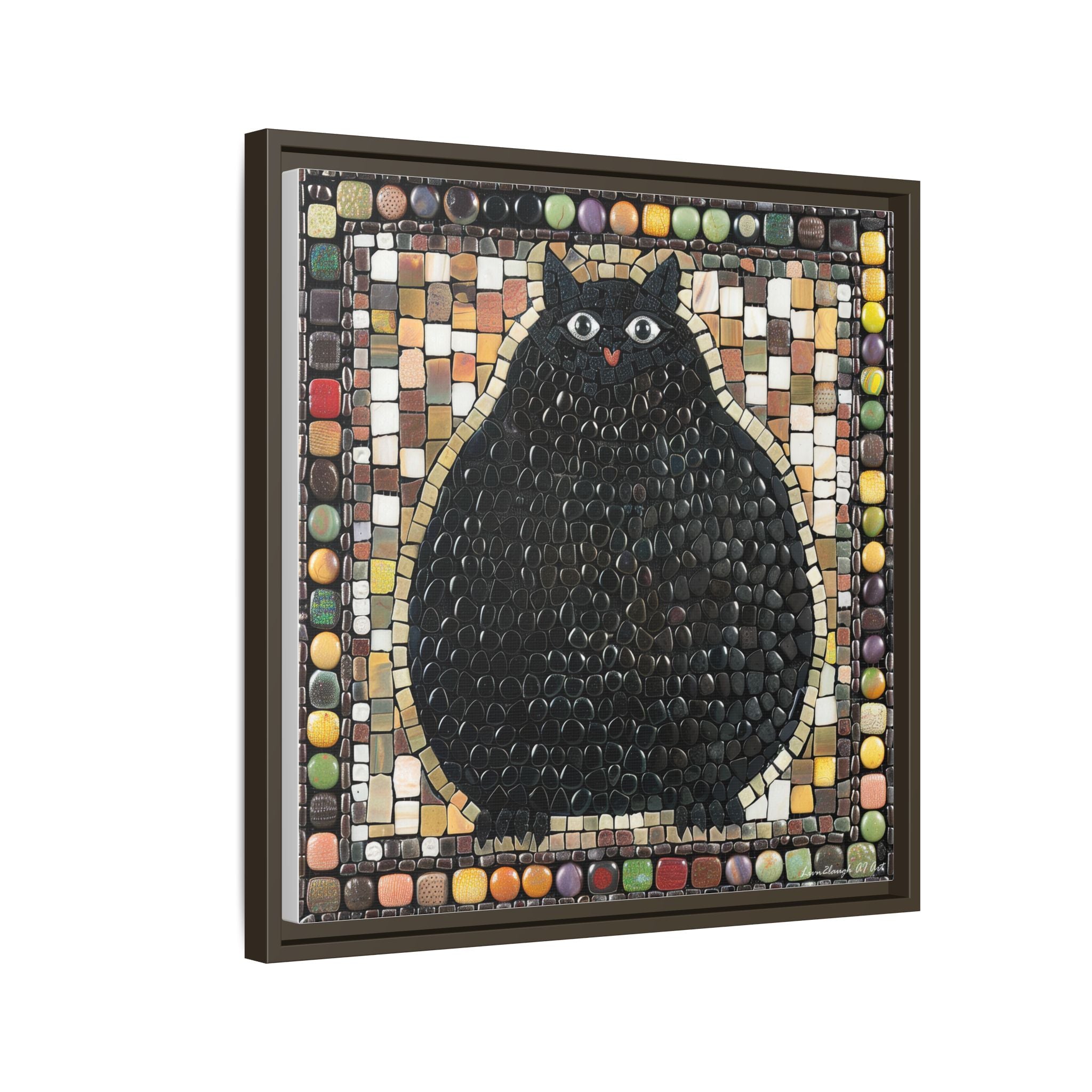 "Playful Black Cat Mosaic", Framed Mosaic Cat Art Print — Colorful Modern Wall Canvas