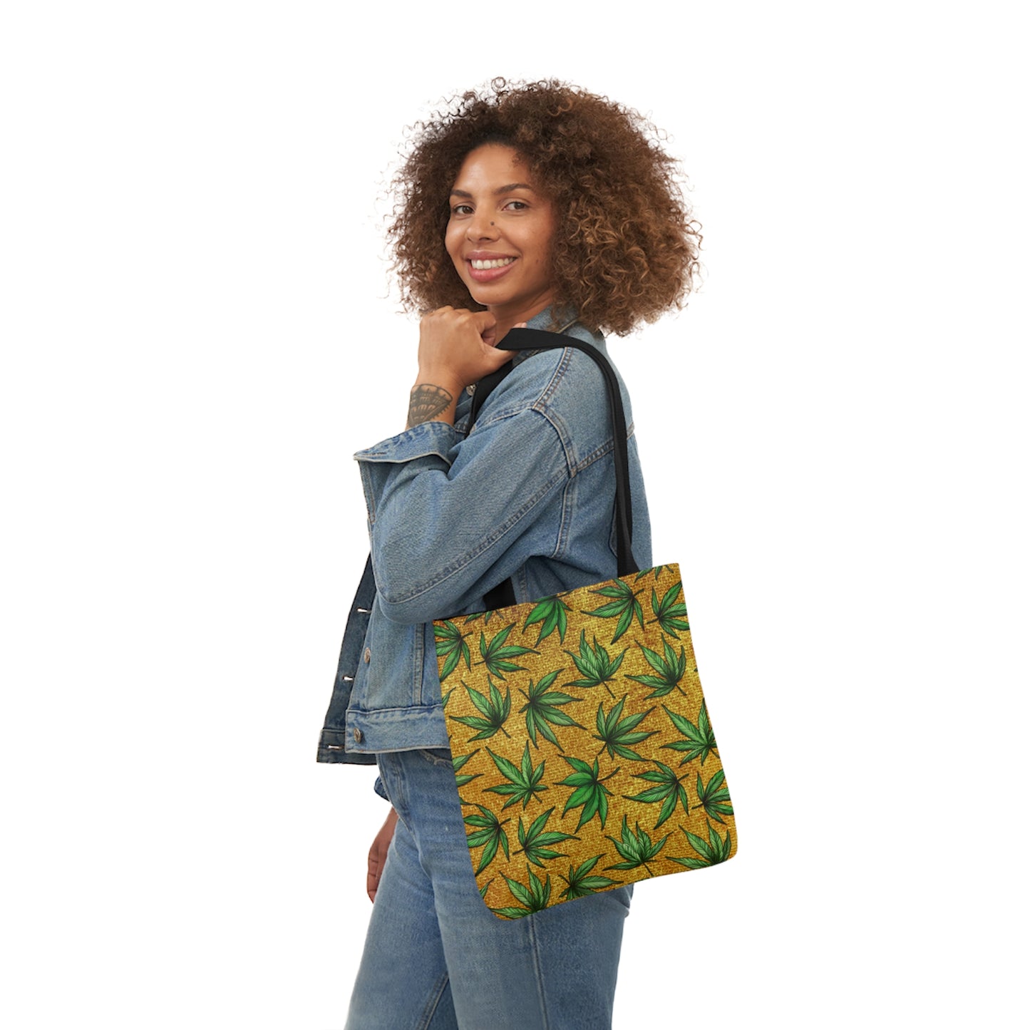 Gold And Green Marijuana Pot Weed Leaf With Gold Background 420 Polyester Canvas Tote Bag (AOP)
