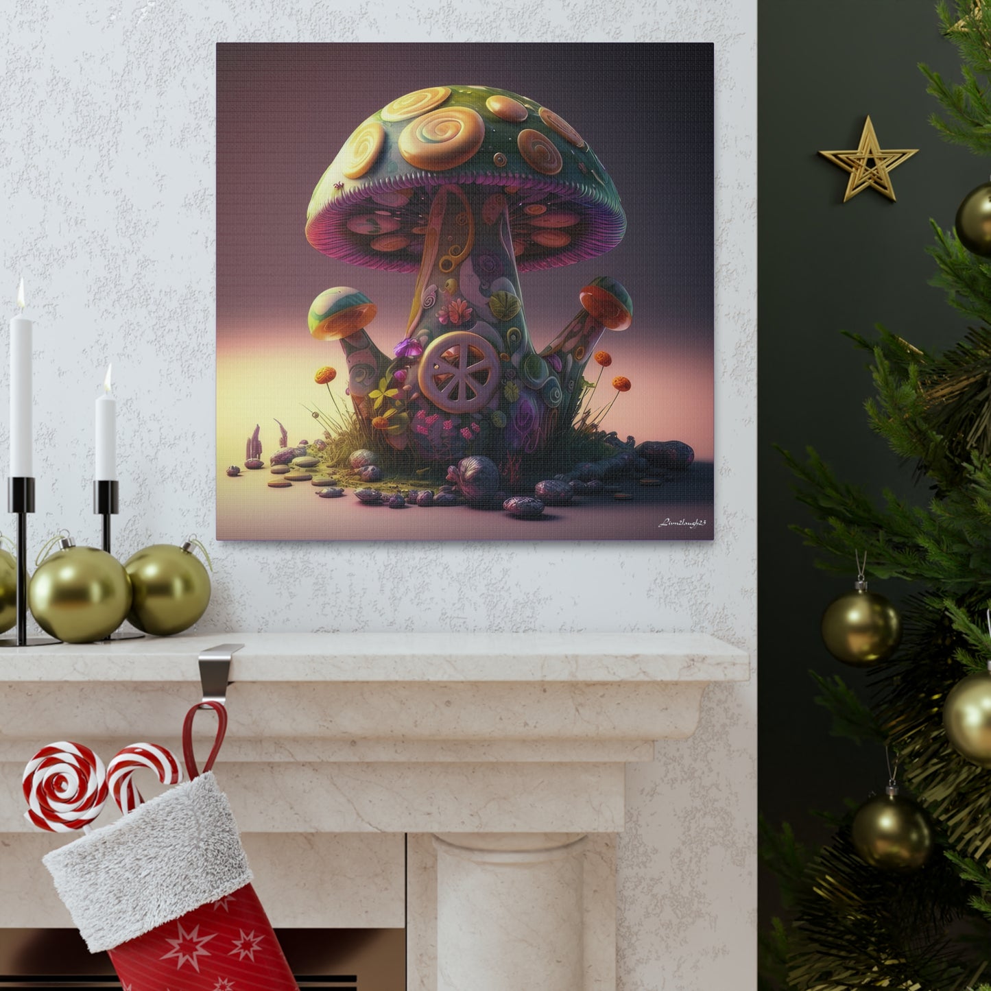 Beautiful Three Mushroom Colorful Uniquely Detailed Canvas Gallery Wraps