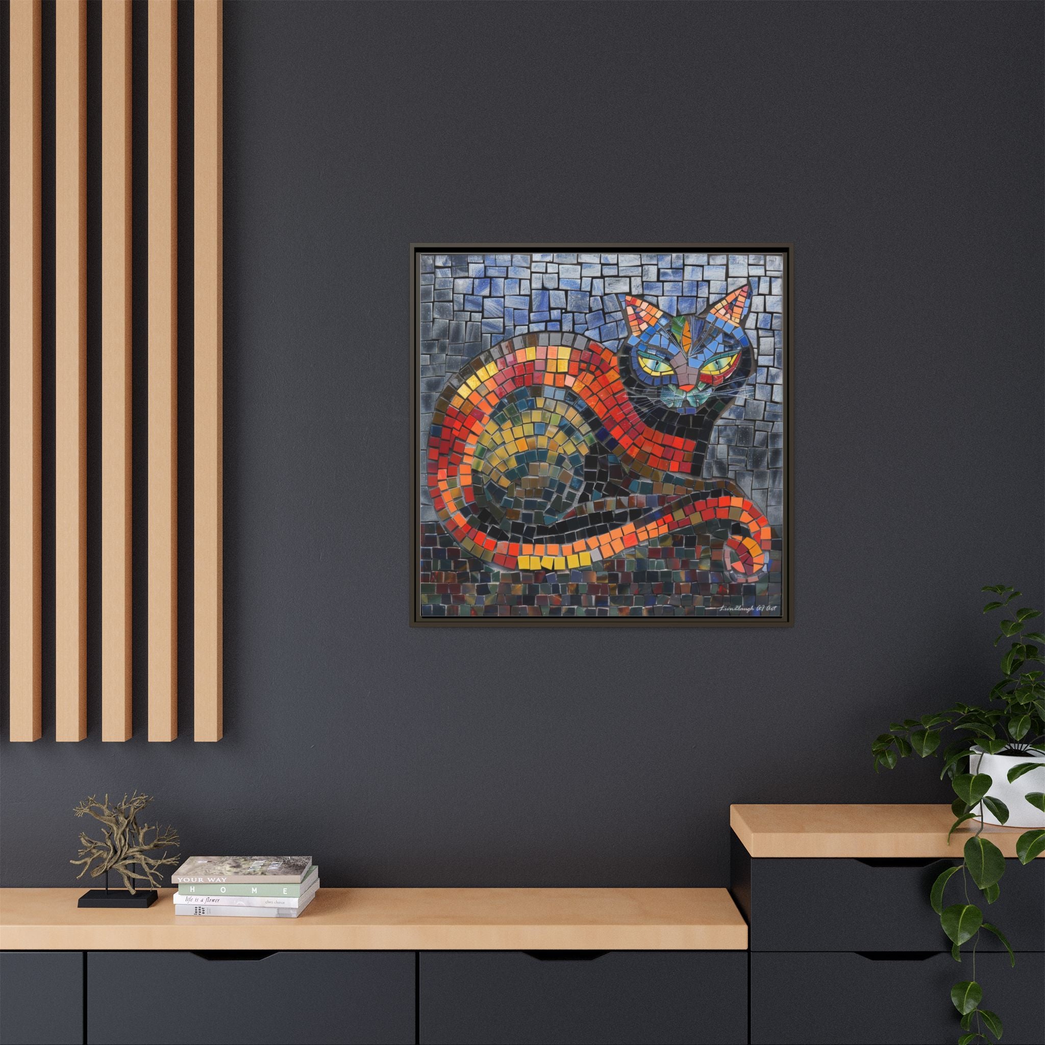 Mystic Shadows: The Enigmatic Cat, Framed Mosaic Cat Art Print — Colorful Modern Wall Canvas