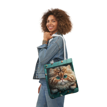 Beautiful Orange And White Fluffy Cat With Blue Eye , Blue Framed Polyester Canvas Tote Bag (AOP)