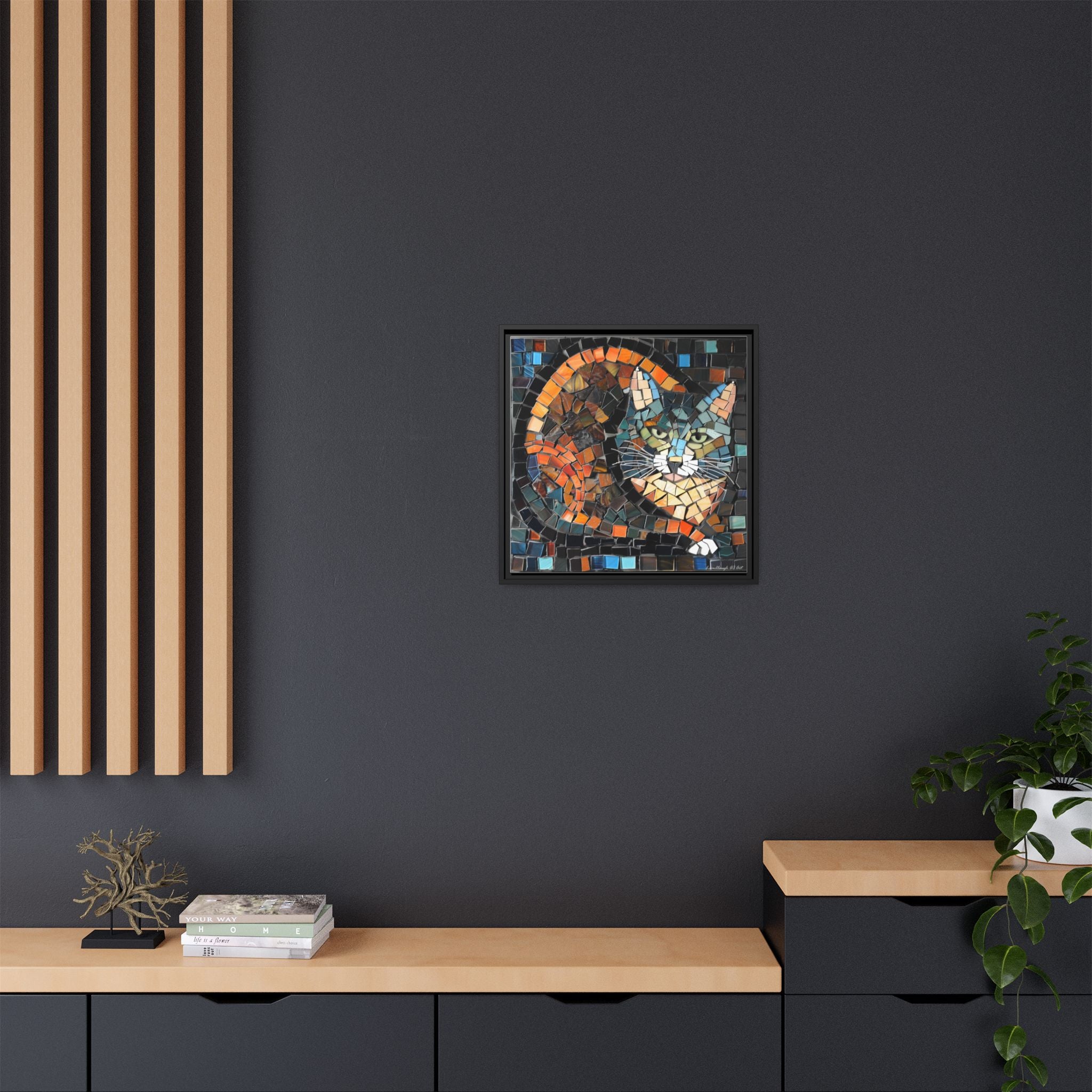 "Bold Mosaic Cat", Framed Mosaic Cat Art Print — Colorful Modern Wall Canvas