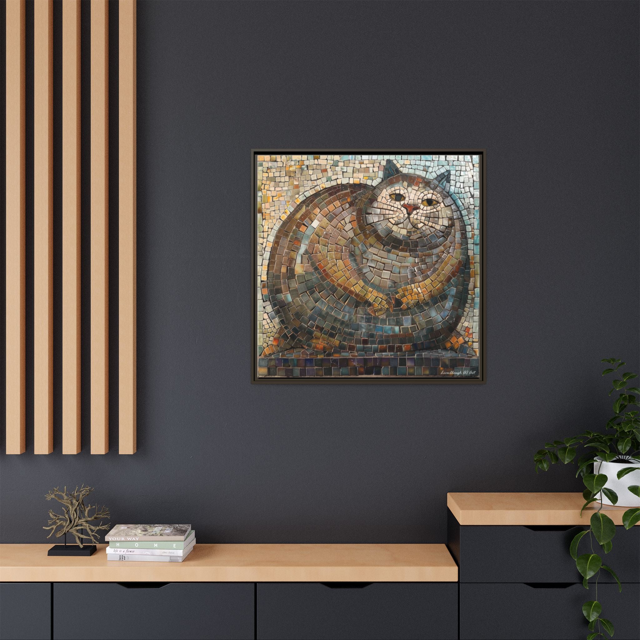 "Serene Mosaic Cat", Framed Mosaic Cat Art Print — Colorful Modern Wall Canvas