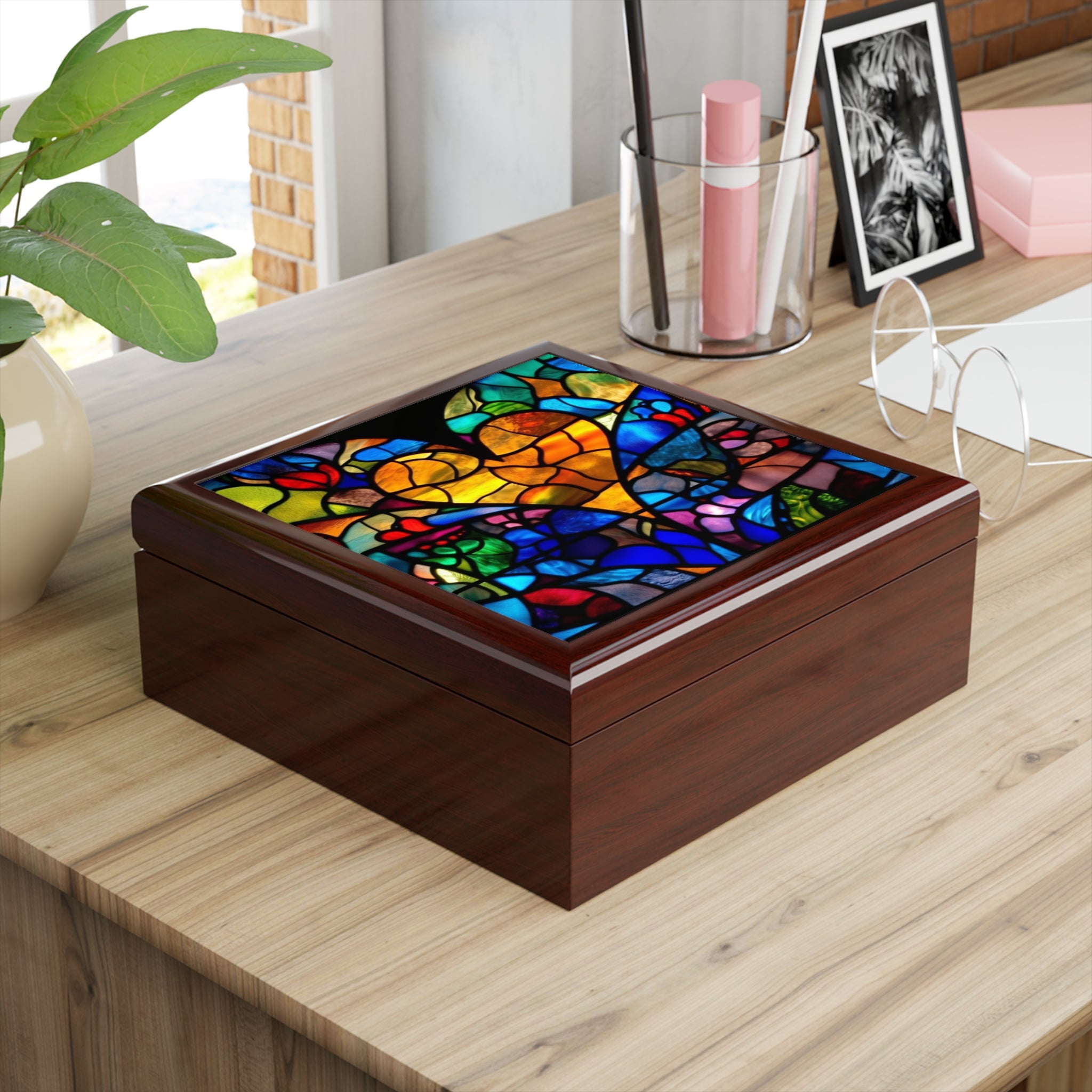 Stained Glass Blue Background Amazing Yellow Heart Jewelry Box