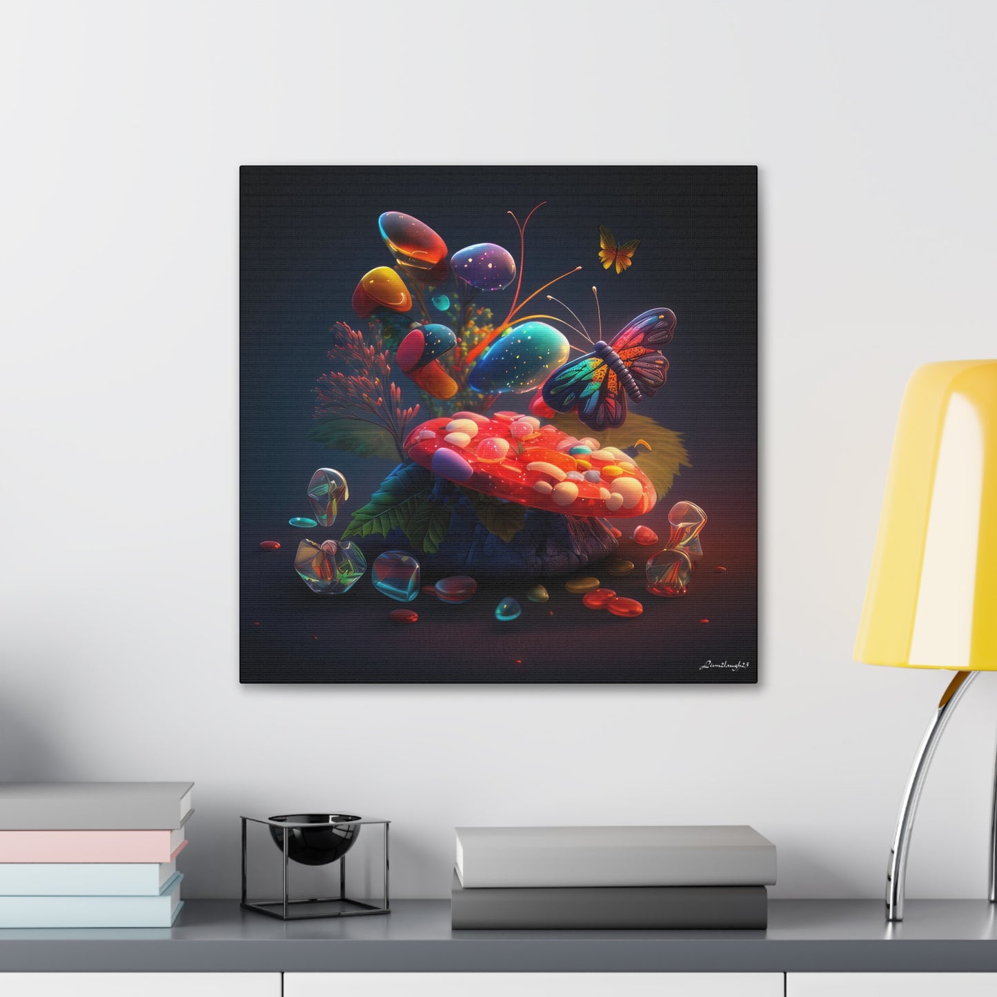 Beautiful Mushroom Luminating Colorful Bliss With Butterflies Canvas Gallery Wraps