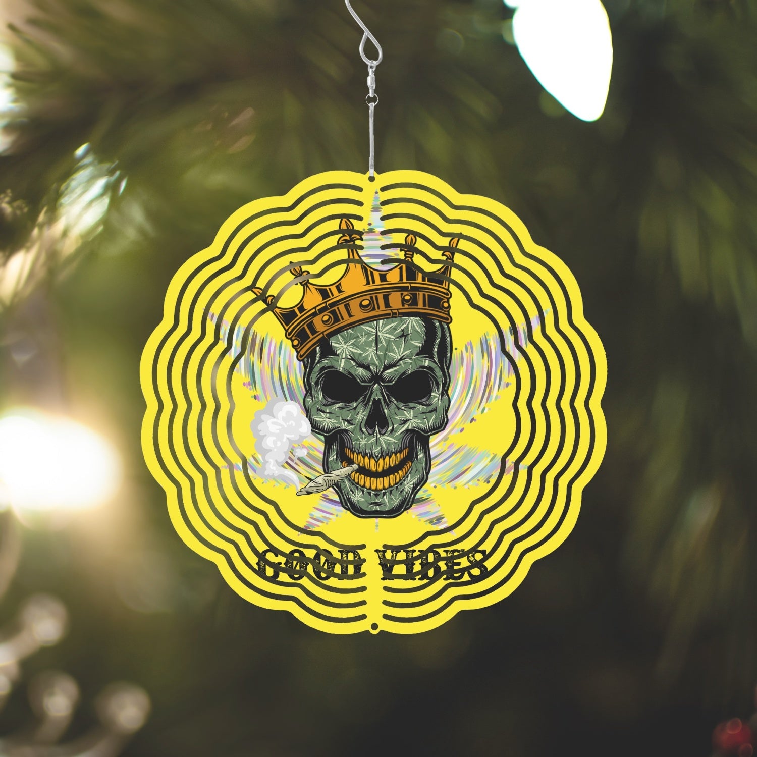 Crowned Skull Smoking With 420 Leaf, Good Vibes 885. Wind Spinner