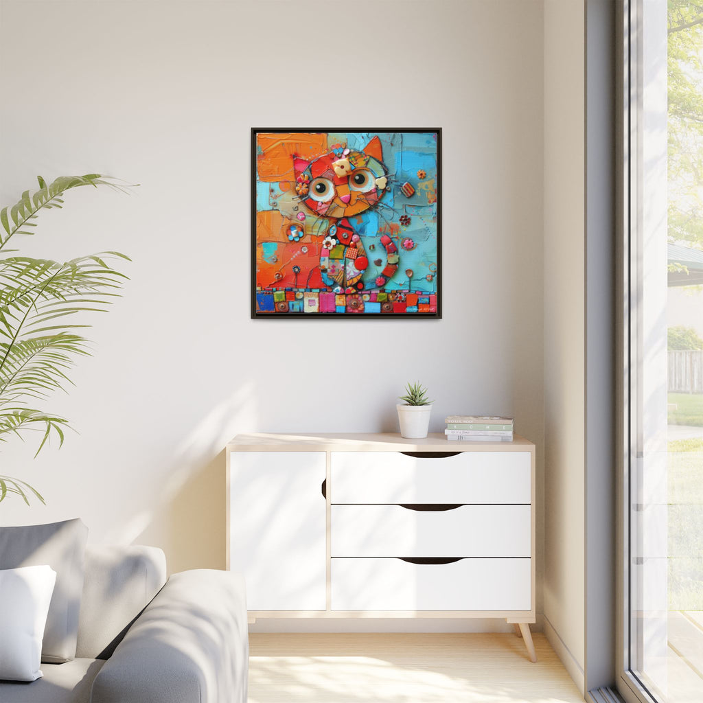 "Whimsical Mosaic Cat", Framed Mosaic Cat Art Print — Colorful Modern Wall Canvas