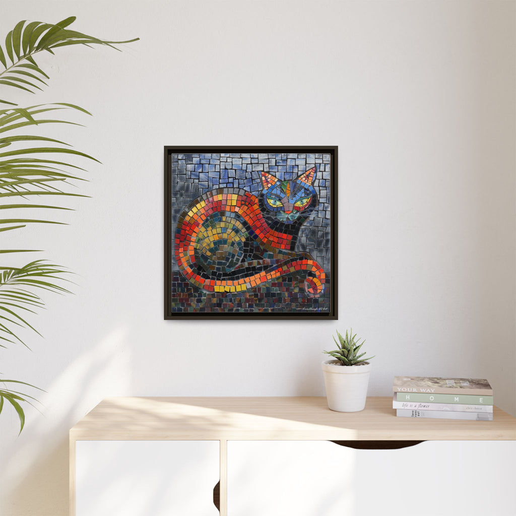 Mystic Shadows: The Enigmatic Cat, Framed Mosaic Cat Art Print — Colorful Modern Wall Canvas