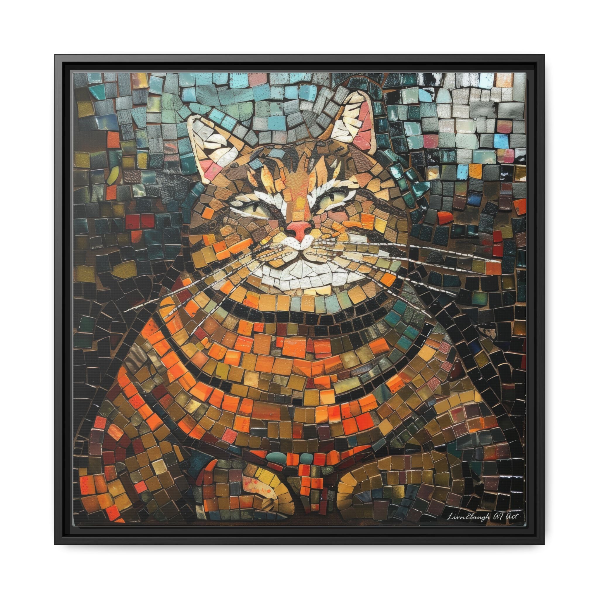 Mosaic Majesty: The Regal Cat, Framed Mosaic Cat Art Print — Colorful Modern Wall Canvas