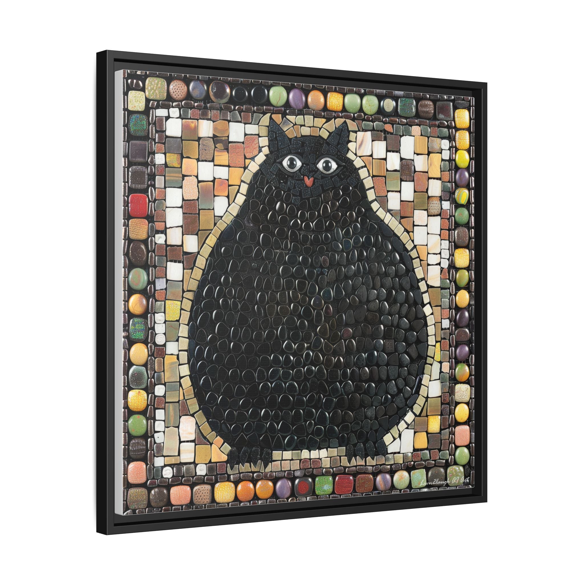 "Playful Black Cat Mosaic", Framed Mosaic Cat Art Print — Colorful Modern Wall Canvas