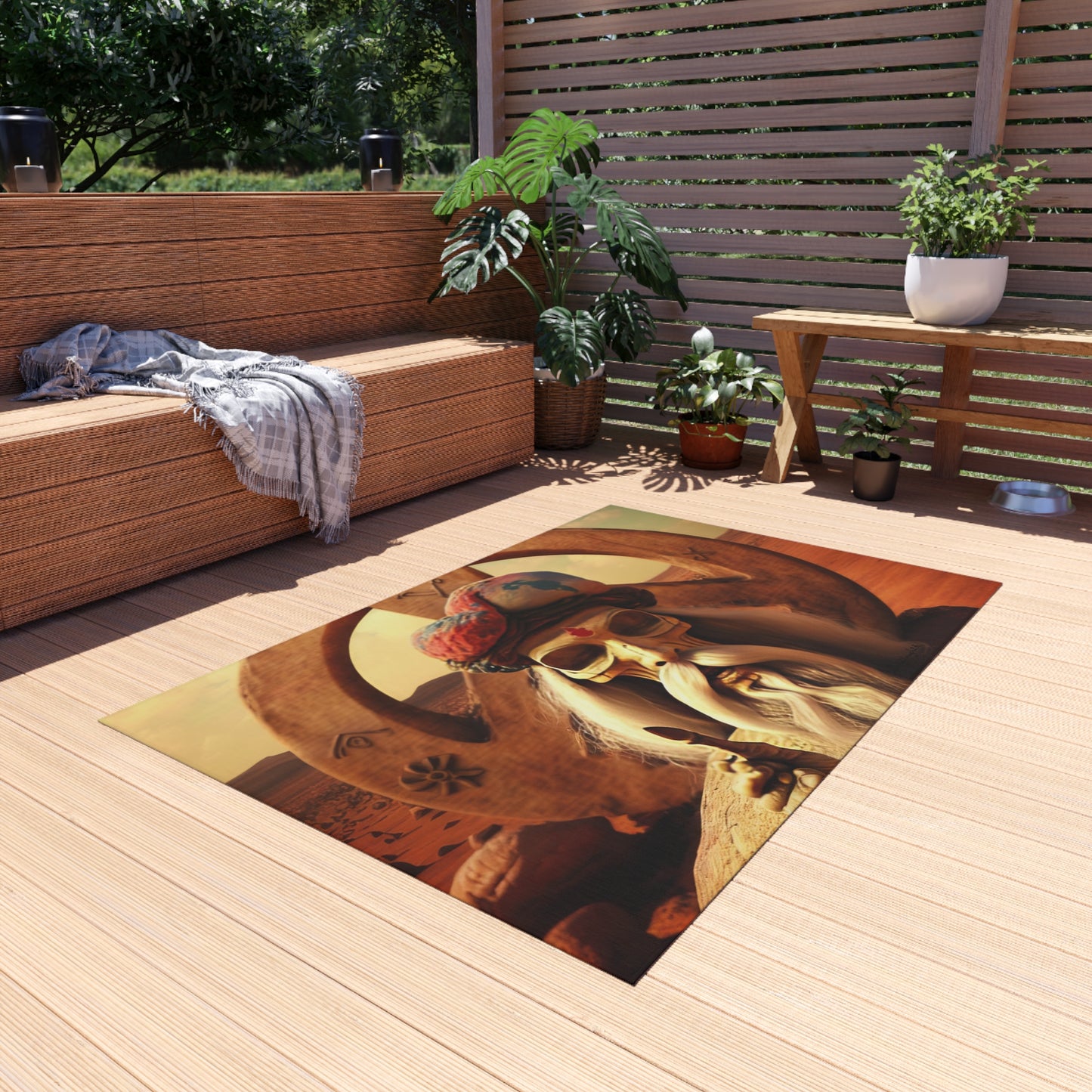 Wise Man In Dessert With Beard And Peace Sign Outdoor Rug