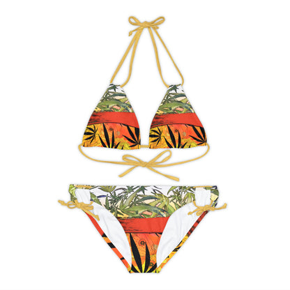 Beautiful Redish Orange Banded Marijuana 420 Pot Weed Leaf Strappy Bikini Set (AOP)