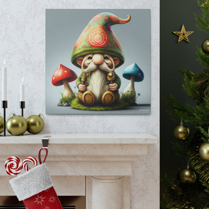 Gnome With Beautifully Detailed Green Orange Hat With Blue And Red Mushrooms Canvas Gallery Wraps