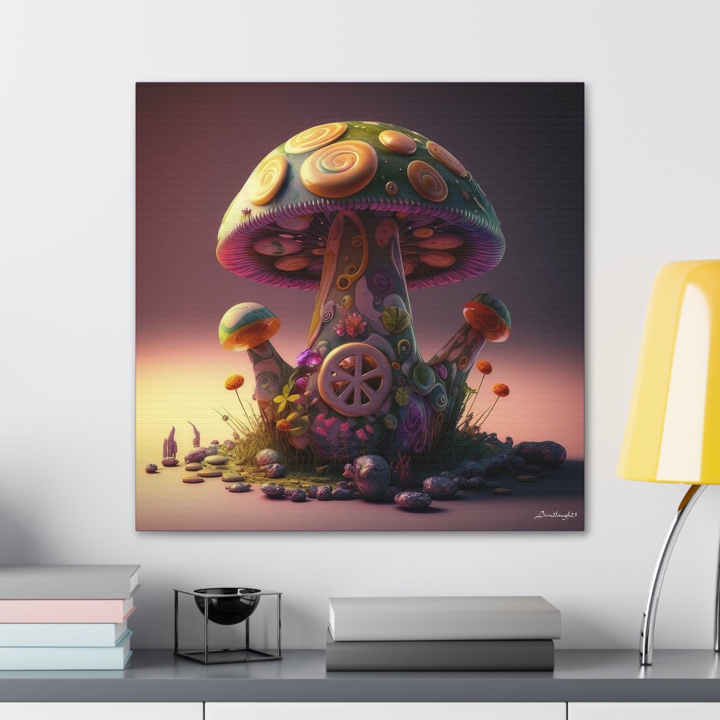 Beautiful Three Mushroom Colorful Uniquely Detailed Canvas Gallery Wraps