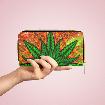 Beautifully Designed Orange, Yellow And Green Marijuana Leaf Zipper Wallet