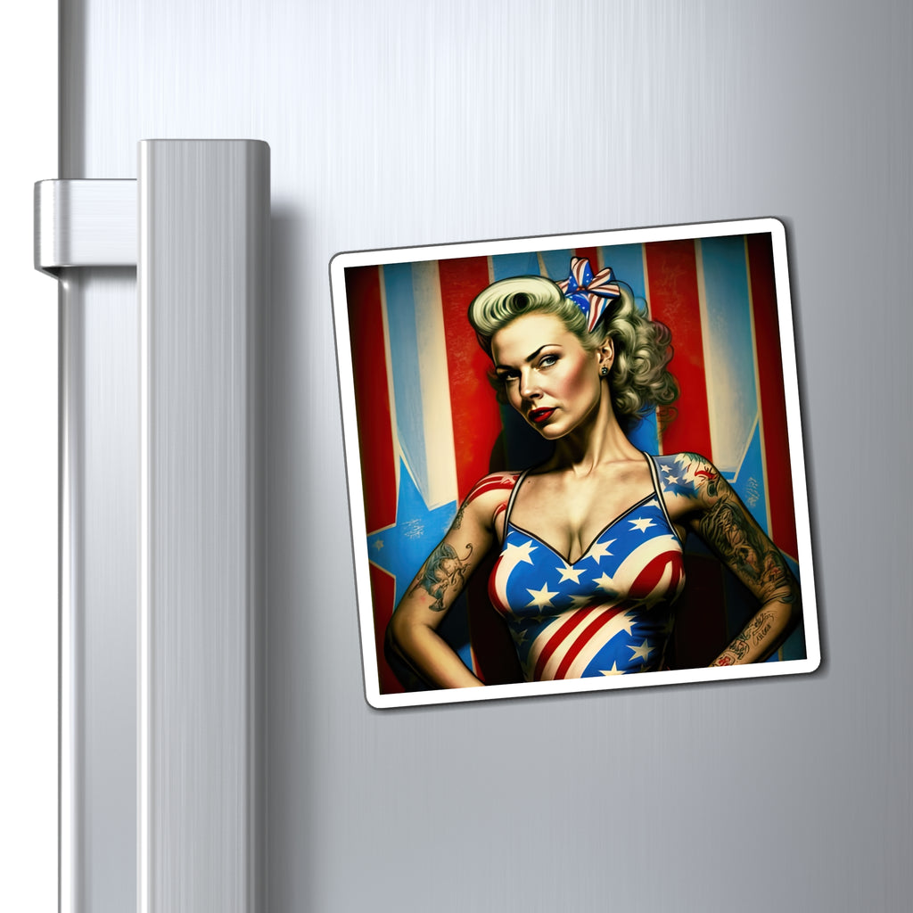 Retro Tattooed Pinup Blue, Red And White Star Magnet Style Six