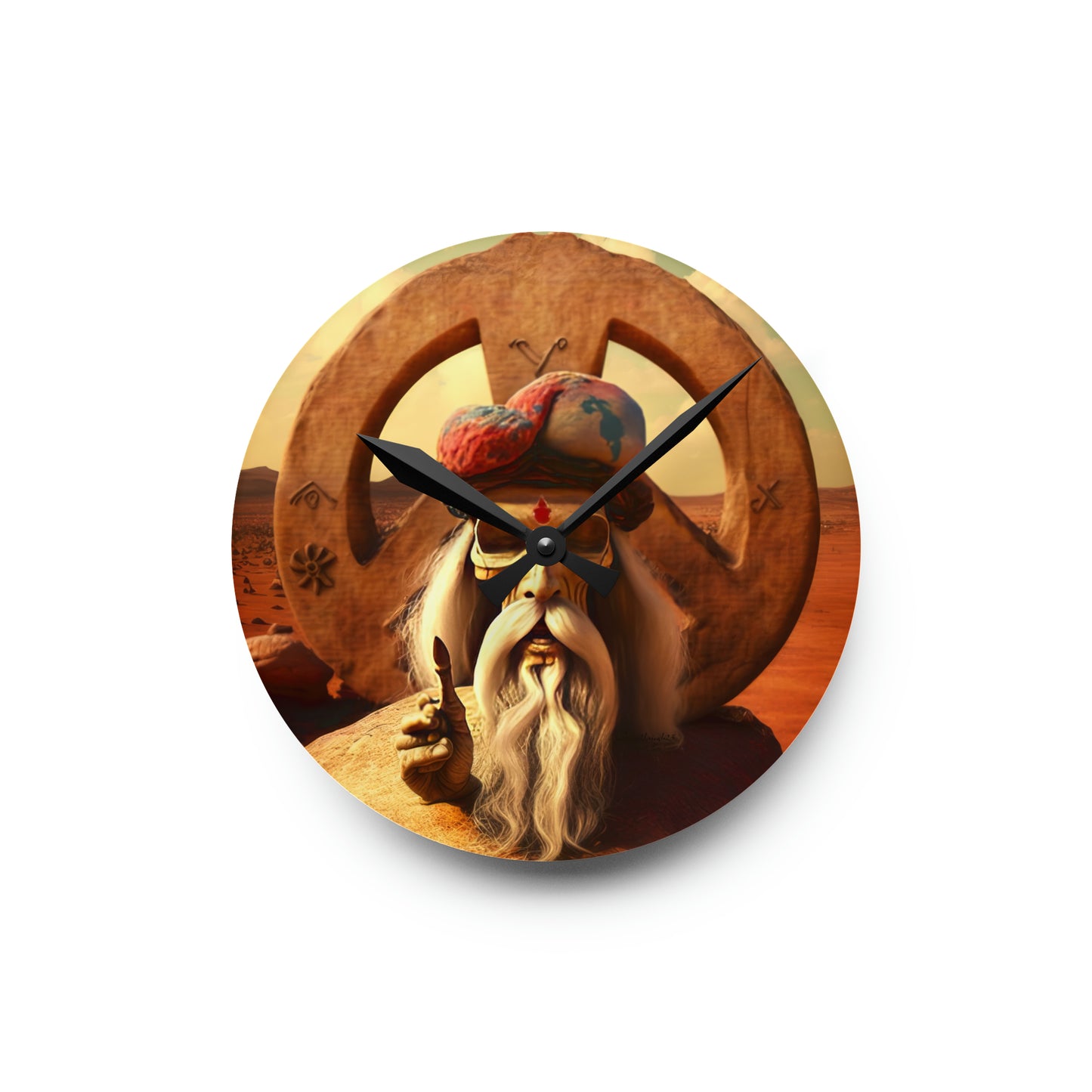 Wise Man In Dessert With Beard And Peace Sign Acrylic Wall Clock