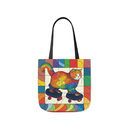 Gorgeous Rainbow Cat Riding A Skate/Skateboard With Rainbow Border Polyester Canvas Tote Bag (AOP)