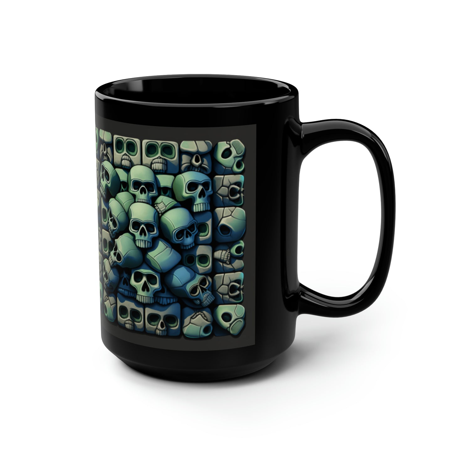 Green Block Skull Collage Black Mug, 15oz
