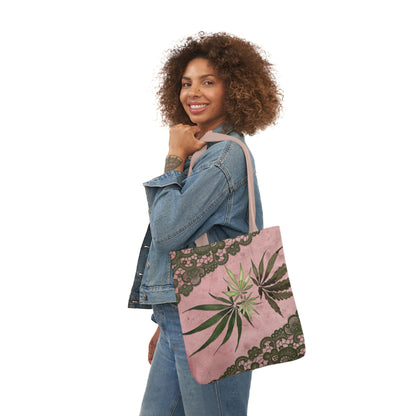 Grey Lace Gorgeous Pink Designed Marijuana 420 Weed Polyester Canvas Tote Bag (AOP)