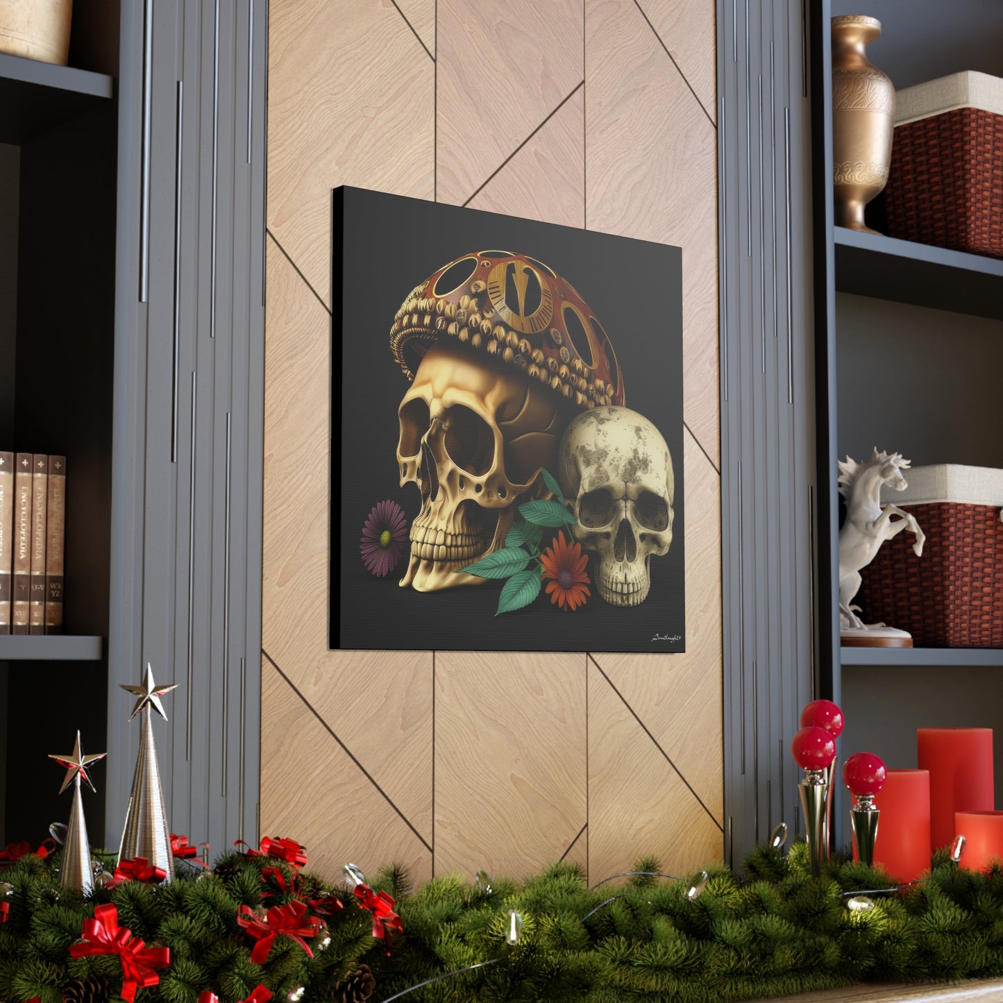 Double Skull With One Colorful Beautifully Detailed Helmet Purple Orange Flowers Canvas Gallery Wraps