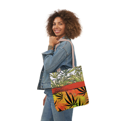 Beautiful Redish Orange Banded Marijuana 420 Pot Weed Leaf Polyester Canvas Tote Bag (AOP)